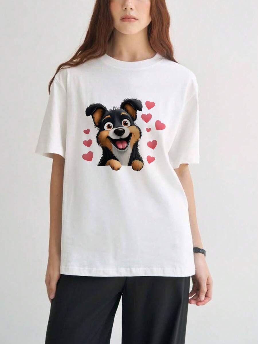 Camiseta de estilo casual para hombre con estampado de perro sonriente y corazones rojos ideal para uso diario en primavera y verano perfecta como regalo para amantes de las mascotas - Blanco - Ver 1