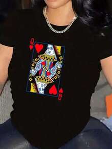 1 Piece New Summer Casual Fashion 2026, Local Shipping, Graphic Tees, Women's Casual T-Shirt With Poker Queen Print, Spring And Summer For New Year's Clothing, Graphic Tees, Women's Tops, 100% Cotton, 180g 100% Cotton - 黑色 - 查看 11