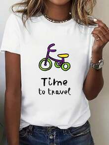 Women's White Cotton Short-Sleeved T-Shirt, 100% Cotton, With Round Neck And Bicycle Graphic Print With The Phrase 'Time To Travel', Regular Fit, Ideal For Holidays. - 白色 - 查看 1