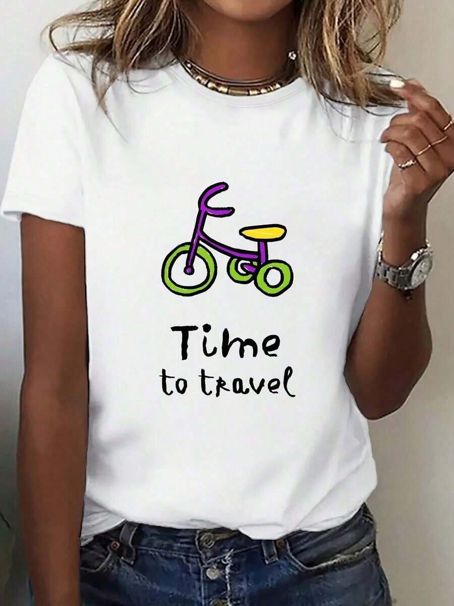 Women's White Cotton Short-Sleeved T-Shirt, 100% Cotton, With Round Neck And Bicycle Graphic Print With The Phrase 'Time To Travel', Regular Fit, Ideal For Holidays. - 白色 - 查看 1