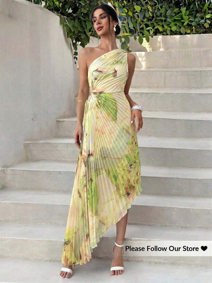 Vestido de mujer nuevo con estampado de teñido anudado asimétrico, cintura hueca, volantes en el bajo y un solo hombro, vestido elegante y romántico para citas y vacaciones, vestido de verano para mujer, tono de color suave, adecuado para atuendo de playa - amarillo ganso - Ver 1