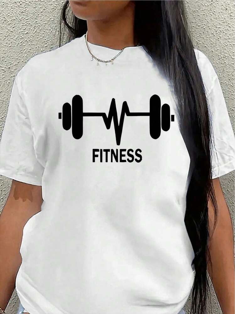 Camiseta de manga corta ligera y duradera, con un diseño de mancuerna y latidos del corazón, es perfecta para el gimnasio, entrenamientos, uso casual en casa y actividades al aire libre.women's shirts - Blanco - Añade 1