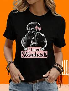 Regalo para Fiesta Navideña, Camiseta con Estampado Gráfico de Perro Poodle 'I Have Standards', Camiseta Casual de Mujer con Estampado de Animal de Dibujos Animados, Camiseta de Moda, Camiseta de Manga Corta para Mujer, Blanca y Negra, para Ocio al Aire Libre y Hogar - Negro - Ver 1