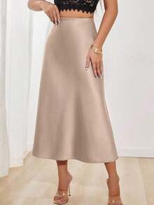 Falda en A de satén elegante y versátil para mujer - Albaricoque - Ver 1