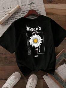 Under The RadarCamiseta de manga corta para mujer con estampado floral de margaritas blancas estilo gótico en la parte delantera y trasera, holgada, casual, transpirable, de cuello redondo, versátil para el uso diario, adecuada para salidas urbanas, estilo callejero mexicano. Camiseta unisex de algodón holgada de manga corta y cuello redondo estilo vintage urbano - Negro - Ver 6