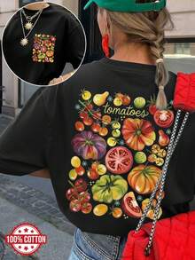 Women's Spring/Summer Clothing, Double-Sided Print, Watercolor Style, Tomato And Small Flower Design, Versatile Off-Shoulder Loose Fit Short-Sleeve T-Shirt, Quan Kwinter Women's Clothing. - 黑色 - 查看 1