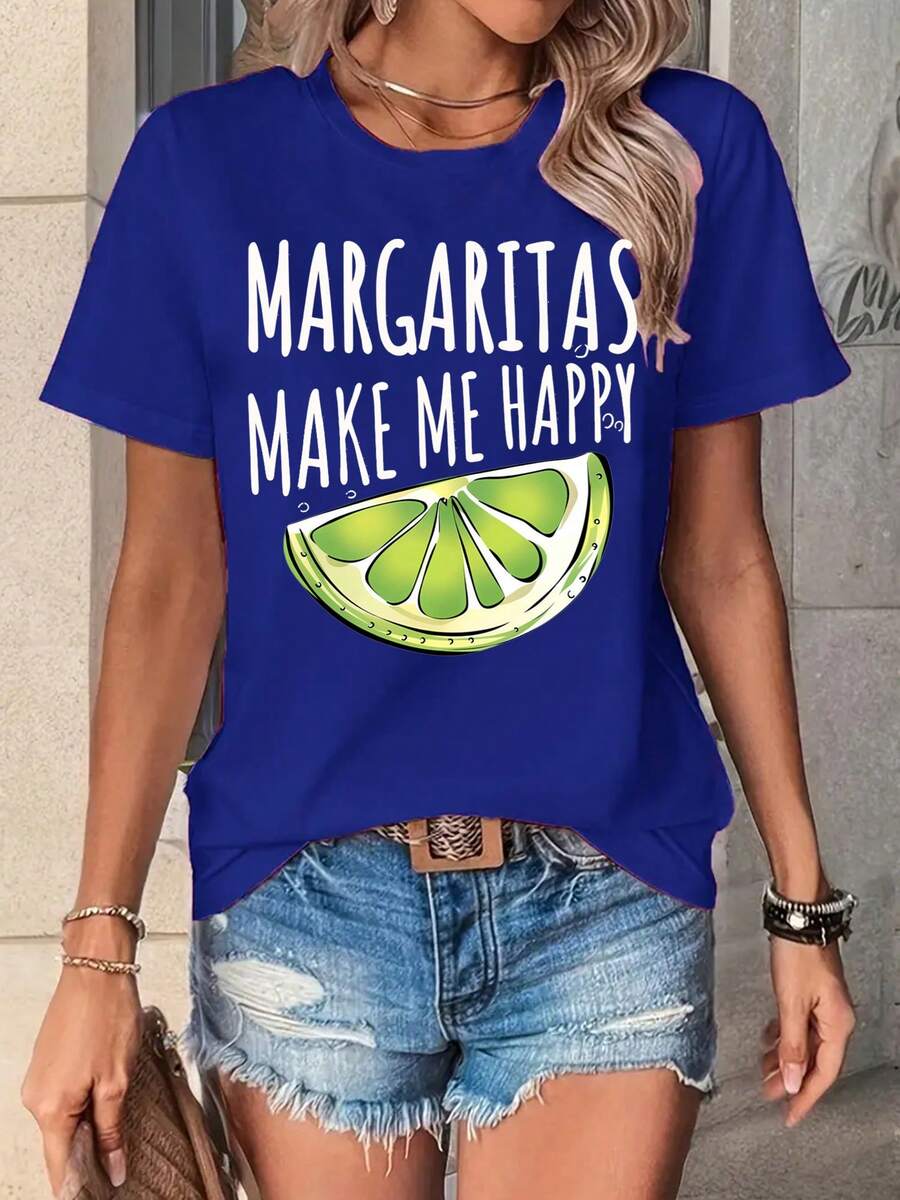 Women's Premium Printed Summer T-Shirt, European And American Style, Short Sleeve, Daisy Print, Versatile Urban Fashion, Casual Sports Top, Round Neck, Short Sleeve. - 藍色 - 查看 1