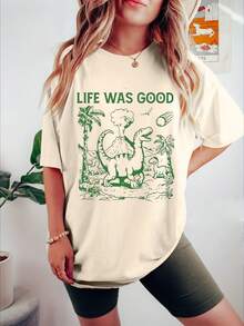 Camiseta estampada de alta gama para mujer, camiseta de cuello redondo con estampado de dinosaurios, top casual de manga corta, primavera y verano, ropa de mujer - Albaricoque - Ver 5