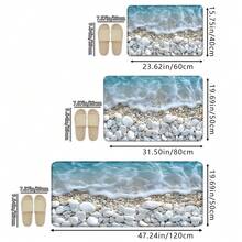 1 pieza/2PCS/3PCS Juego de Alfombras para Piso de Cocina, Estampado de Olas del Océano & Guijarros, Antideslizante & Absorbente de Agua, Suave & Cómodo, Fácil de Limpiar, Perfecto para la Decoración del Piso de la Cocina - Multicolor - Ver 3
