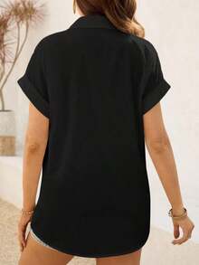 Camisa informal suelta de unicolor de manga corta y abotonadura sencilla para mujeres embarazadas - Negro - Ver 2