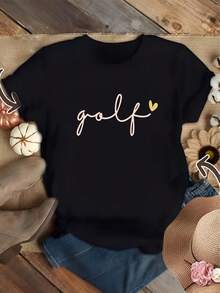 Women's Lightweight T-Shirt With "GOLF" Heart Design - Casual Crew Neck, Short Sleeves, 100% Black T-Shirt With Pink Text And Heart Details - The Perfect Choice For Everyday Casual Spring/Summer/Autumn Outfits. - 黑色 - 查看 1