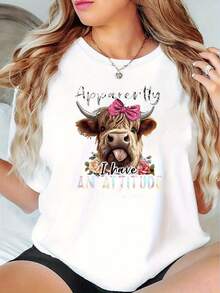 Cozy Comfy Lounge, Women's Fashion One-Piece Round Neck T-Shirt, Highland Cow Print Design, Casual Material, Slightly Stretchy, Animal Print, Comfortable Fit Suitable For All Seasons, Soft And Relaxed Home Wear. - 白色 - 查看 6