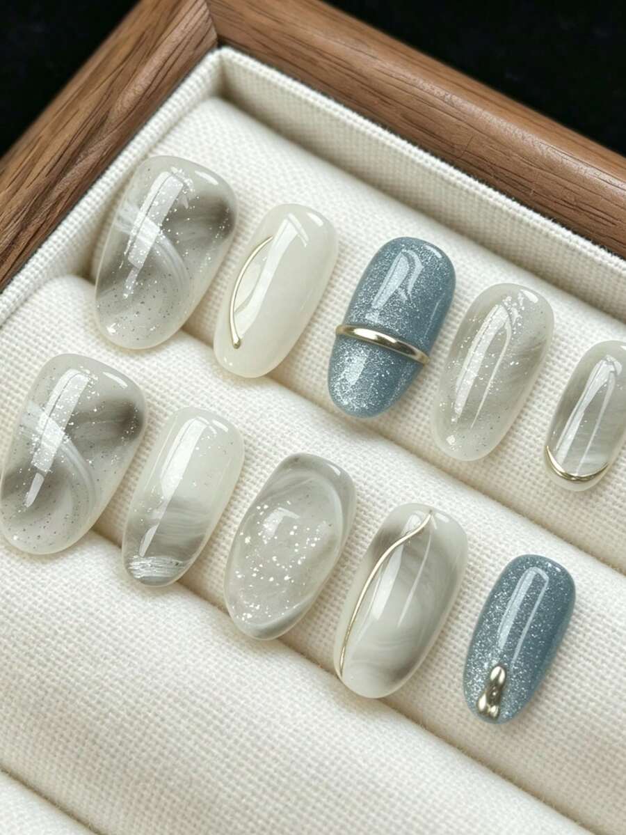 qihangxin 10片手工穿戴甲 短款 高級漸層閃亮貓眼 大理石紋理 手雕立體造型 精緻亮片裝飾鍍金 橢圓甲片 附免費工具組 適合日常佩戴與節日禮物 秋季美甲 度假風