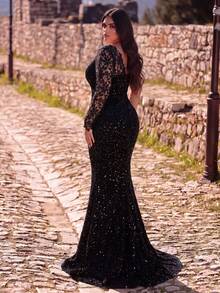 Chiếc đầm đuôi cá đính sequin lộng lẫy và thanh lịch này có thiết kế cổ áo bất đối xứng, hoàn hảo cho đám cưới, thảm đỏ, đêm nhạc opera, dạ hội trang trọng, tiệc tùng, khách mời đám cưới, các dịp trang trọng và các sự kiện buổi tối. - màu đen - Xem 2