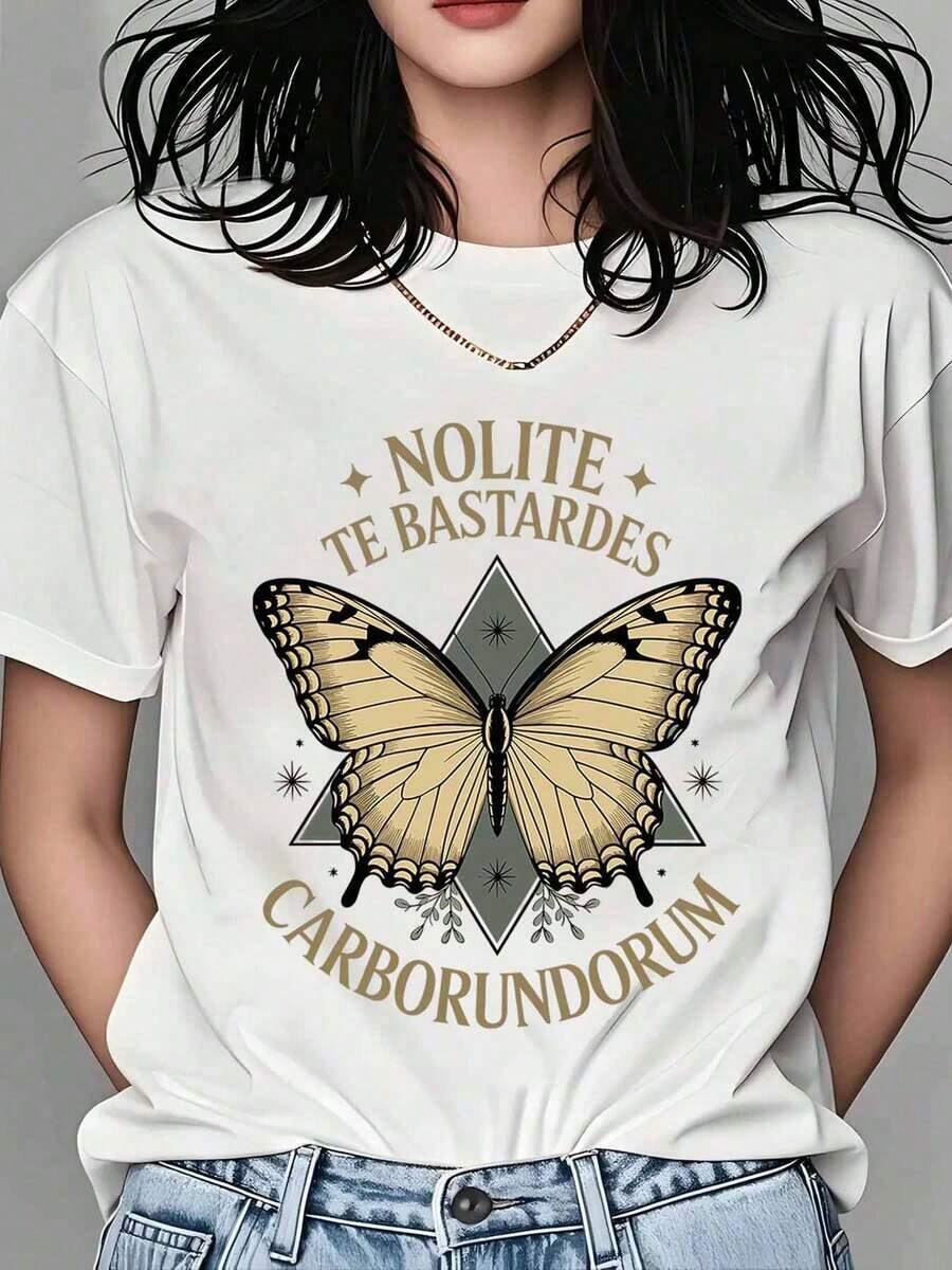 Camiseta Nolite Te Bastardes Carborundorum con Gráfico de Mariposa para Mujer, Top Casual Unisex con Frase en Latín y Diseño Elegante, Perfecta para Uso Diario e Ideas de Regalo, Camiseta para Mujer - Blanco - Ver 1