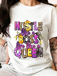 T-Shirt With The Motivational Phrase "Work Like A Boss, Tag Like A Queen", Graphic Tee For Female Empowerment, Fashion Tee, Casual Wear, Gift Idea For Her, Women's T-Shirt. - 白色 - 查看 6