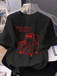 Una camiseta de mujer de manga corta, holgada, moderna, retro y elegante, adecuada para actividades al aire libre en primavera y verano, con un divertido, gracioso y lindo diseño de estampado de gato, una camiseta casual de verano con cuello redondo.blusas para mujer,blusas casuales para dama,tops,, mujer premium,y2k,playeras de mujer curvy,ofertas y liquidaciones ropa mujer,playeras deportivas para mujer,,playeras de hombre, mujer,blusas>elegante AB9I - Negro - Ver 1