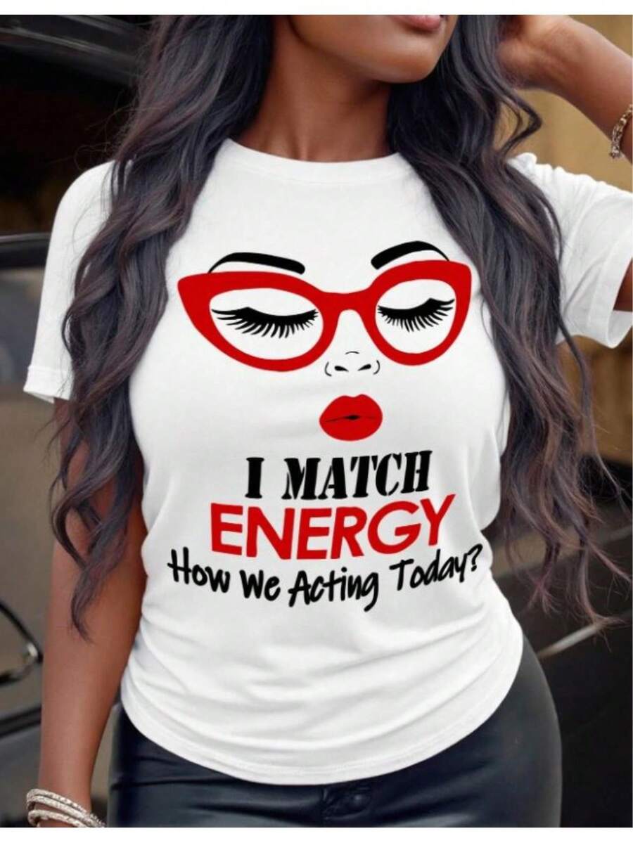 1pc Plus Size Casual T-Shirt With "I Match Energy" Slogan, Crew Neck, Polyester Fabric, Medium Stretch, All-Season Alphabet Pattern Tee - White - View 1
