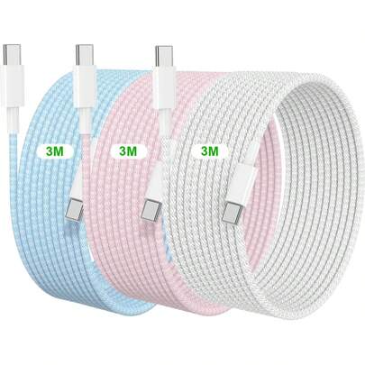 适用于 17/16/15 的 USB-C 转 C 充电线，10 英尺/3 英尺重型编织苹果 C 转 C 数据线，支持快速充电，兼容 17/16 Pro Max/15 Pro/16/16e/15/Air，白色+粉色+蓝色