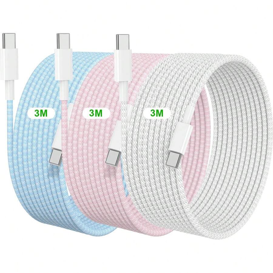 3英尺 USB-C 转 USB-C 充电线，兼容 17、16、15，加粗编织线，支持快速充电，适用于 17、16 Pro Max、15 Pro、16、16e、15、Air - 白色 + 粉色 + 蓝色 - 彩色 - 查看 1