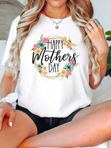 Summer Tops, Holiday Gifts, Floral Heart Print For Mother's Day. Women's White Summer T-Shirt, Round Neck, Short Sleeves, Casual Style. New Arrivals: Festive Mother's Day Clothing, Breathable And Comfortable. - 白色 2 - 查看 7