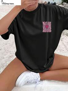 Women's Short-Sleeved T-Shirt, 100% Cotton, With A Pink Heart-Shaped Stripe Print On Both Sides, Round Neck, Ideal For Summer. Perfect For A Summery Style, Suitable For Spring And Summer. Modern And Versatile For Work, Vacations, And Everyday Wear. Available In Sizes X-XX. Elegant Party Outfit, Stylish Ladies' T-Shirt, Blouses Suitable For Curvy Women, Prom Skirts, Casual Wear - 黑色 - 查看 2