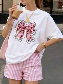 Women's Short-Sleeved T-Shirt With A Retro American "Heart With Pink Bow" Print, Loose-Fitting, Casual, Breathable, Round Neck, Versatile For Everyday Wear, Suitable For Urban Outings, Mexican Street Style. Ideal Gift For Lovers Of Mexico - 白色的 - 查看 1