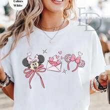 Women's Cute Mouse & Hearts Print Casual Short Sleeve Round Neck T-Shirt, Elegant Regular Fit Knitted Top For Spring Outfits, Slight Stretch Fabric - 白色 - 查看 1