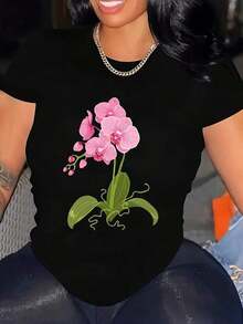 Camiseta Casual de Cuello Redondo para Mujer con Estampado Vibrante de Orquídeas - Manga Corta, Tela Suave y Microelástica, con Flores Rosadas, Perfecta para Primavera, Verano y Otoño, Camisetas para Mujer para Uso Diario - Negro - Ver 6