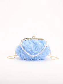 Serie Vacaciones de Verano: Bolso de Mano y Cartera de Malla con Rosas 3D en Azul Claro. Un bolso de noche de fibra de poliéster para mujer, decorado con perlas y cierre presió- Un bolso - Azul - Ver 3