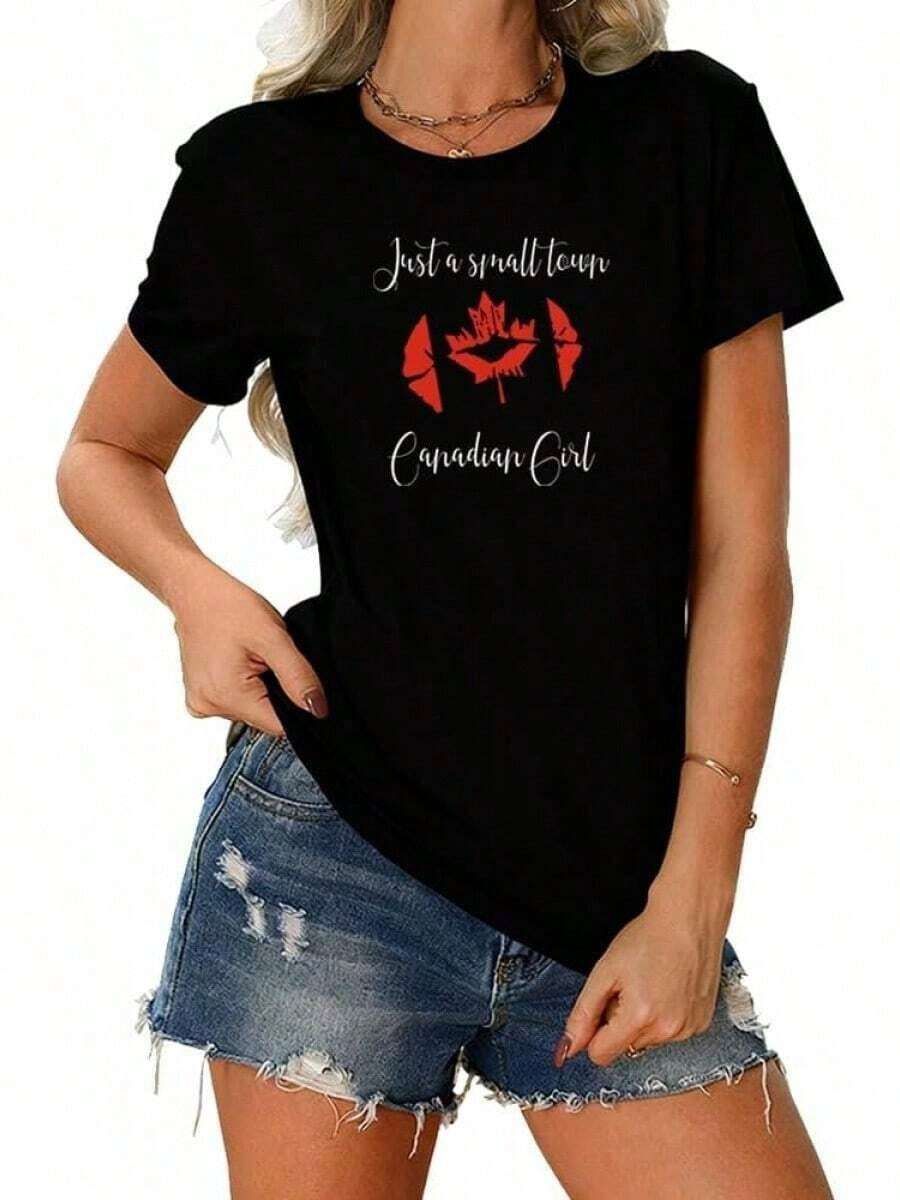 Under The Radar Just A Small Town Women's Canadian Plus Size T-Shirt, Maple Leaf Lips Graphic Tees, Casual Canada Day Tees - Vintage Street Style Unisex Loose Cotton Short Sleeve Crew Neck T-Shirt - Vintage Street Style Unisex Loose Cotton Short Sleeve Crew Neck T-Shirt - 黑色 - 查看 1