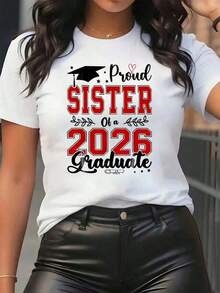 Mexican Women's T-Shirt With Graduation Cap And Heart Print, Proud Sister Of A 2026 Graduate, Crew Neck, Casual Daily Wear, Soft And Comfortable, Festival Top, Summer Fashion Cotton T-Shirt - 白色 - 查看 12