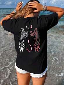 Under The Radar Women's Plus Size Border Design T-Shirt - Black Tee With Contrasting Angel And Devil Wings And A Crescent Moon. |  Casual Tops, Suitable For Beach Outings And Everyday Wear. | Make A Bold Statement Any Season - Unisex Loose Cotton Short Sleeve Crew Neck T-Shirt In A Vintage Street Style. - 黑色 - 查看 7