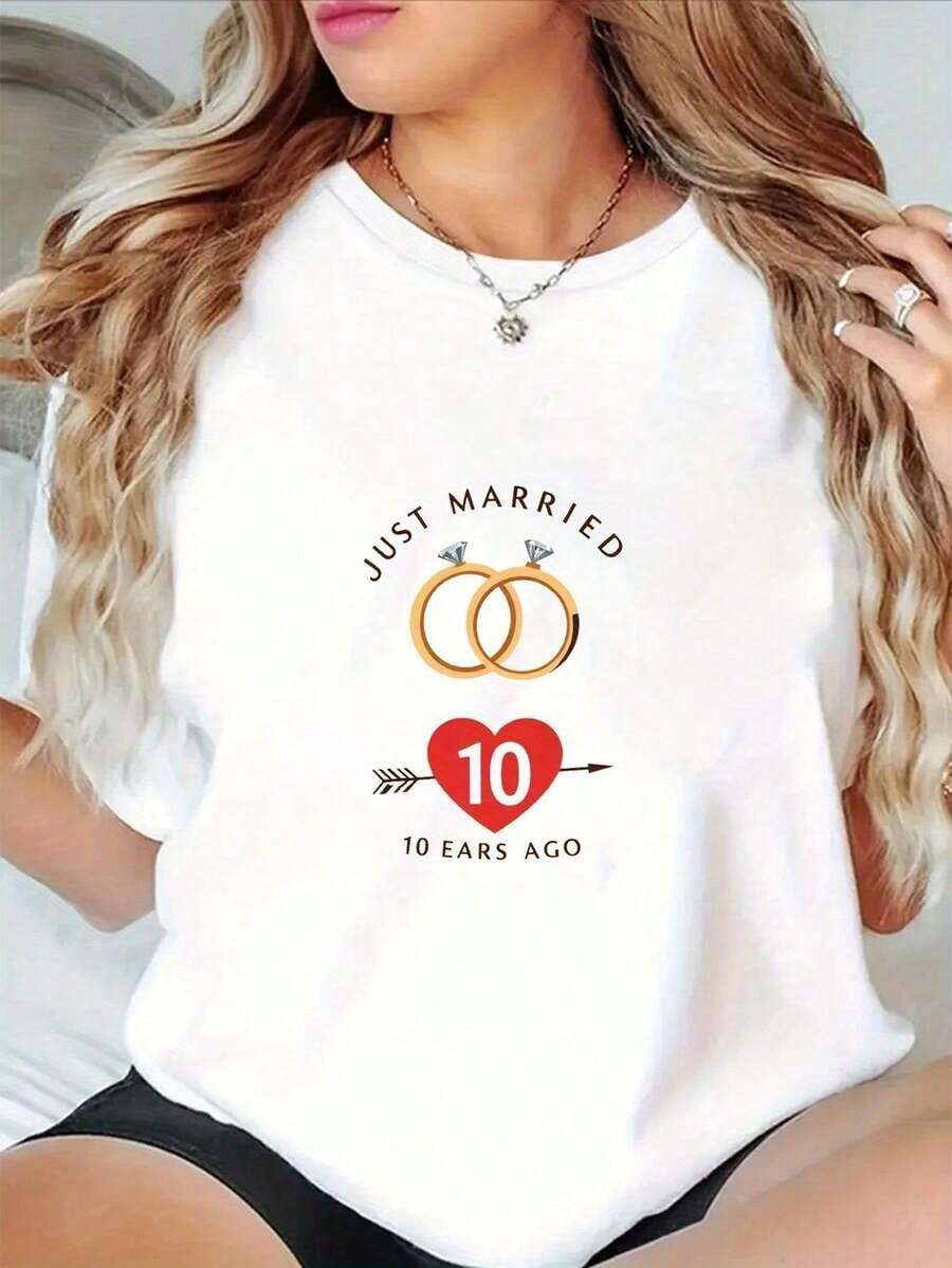 Women's Wedding T-Shirt - "Just Married For 10 Years" Design With Heart And Ring Pattern - Slim Fit White T-Shirt, Couple Style - Lightweight For Everyday Wear And Special Occasions - 白色 - 查看 1
