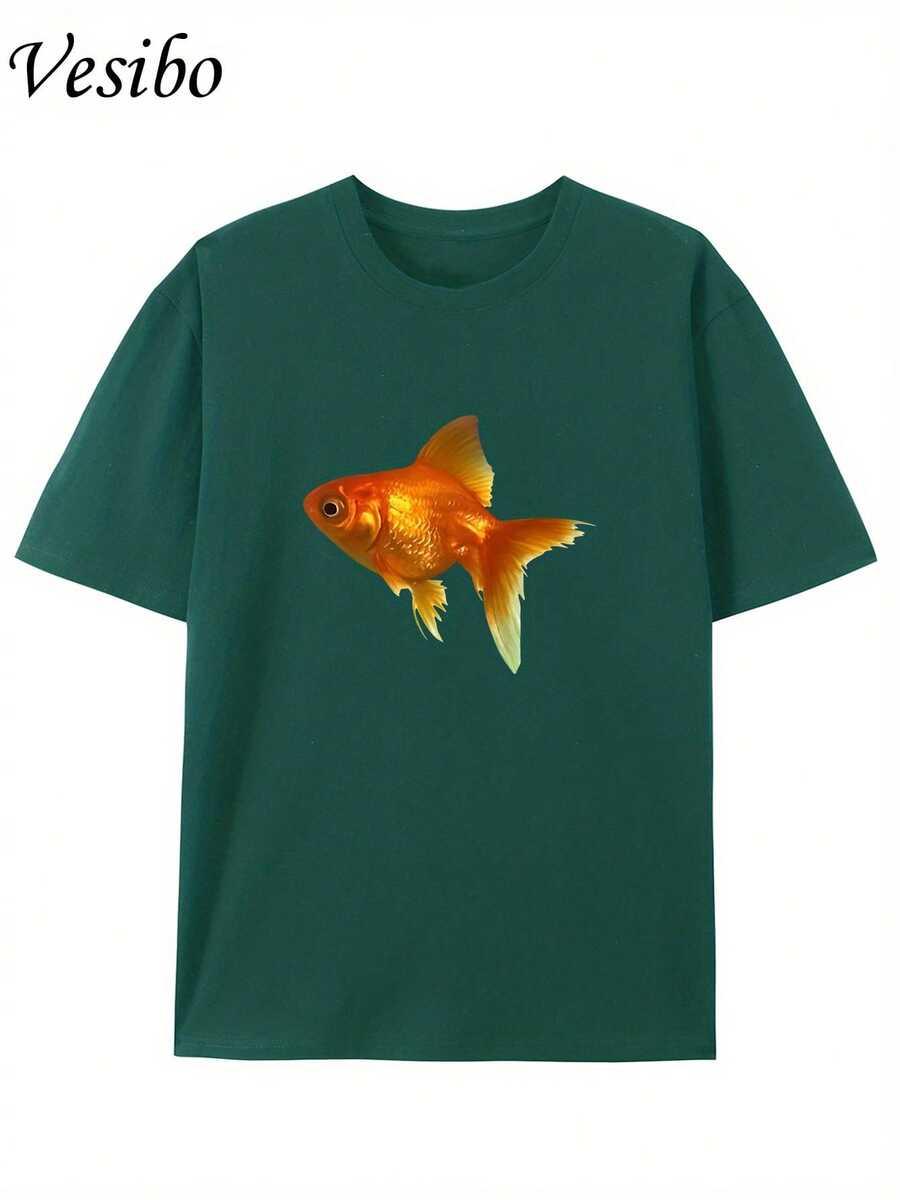 Creative And Fun T-Shirt With Round Neck And Graphic Design, Made Of Pure Fabric, Modern And Stylish For Summer, Perfect For Casual Everyday Wear - 深綠色 - 查看 1