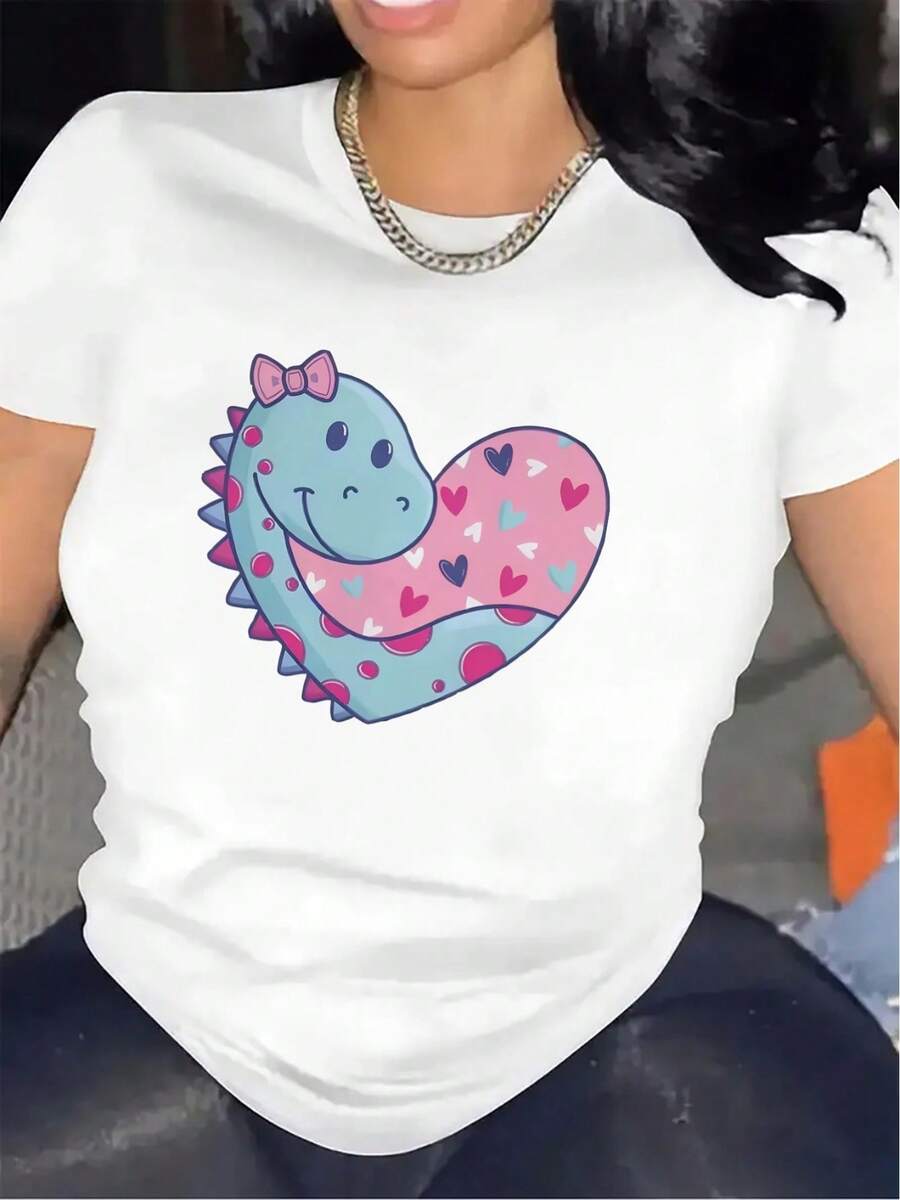 Camiseta de manga corta para mujer con un diseño de corazón de dinosaurio, fabricada con tela ligera para mayor comodidad, para salidas informales en casa o para comer, suave pero duradera, disponible en un esquema de colores rosa y azul, diseño de dibujos animados divertidoDaily Casual Round Neck Short Sleeve-Shirt Women - Blanco - Ver 1