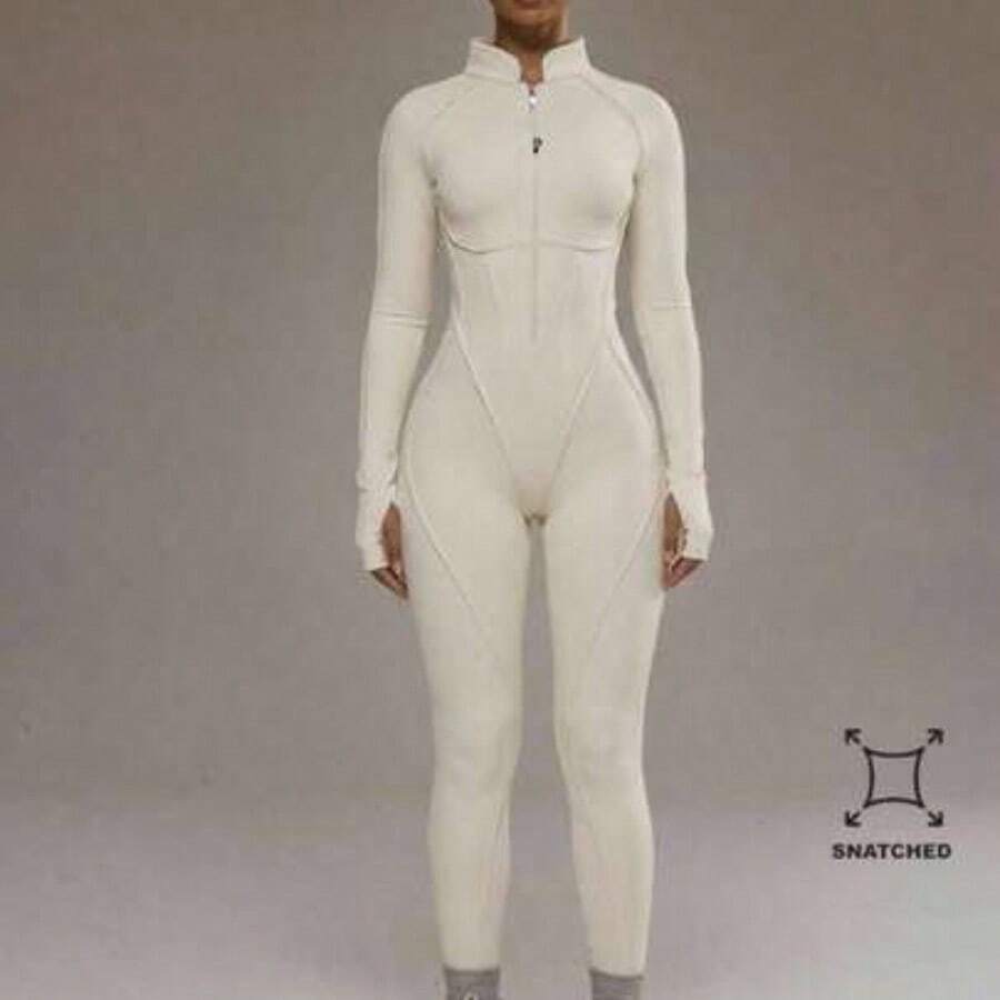Sport Contrast Piping Zip Through Open Back Fitted Long Sleeve Jumpsuit Padel Activewear Sport Gym Workout Yoga Pilates Fitness Daily Casual - Blanco cremoso - Ver 1
