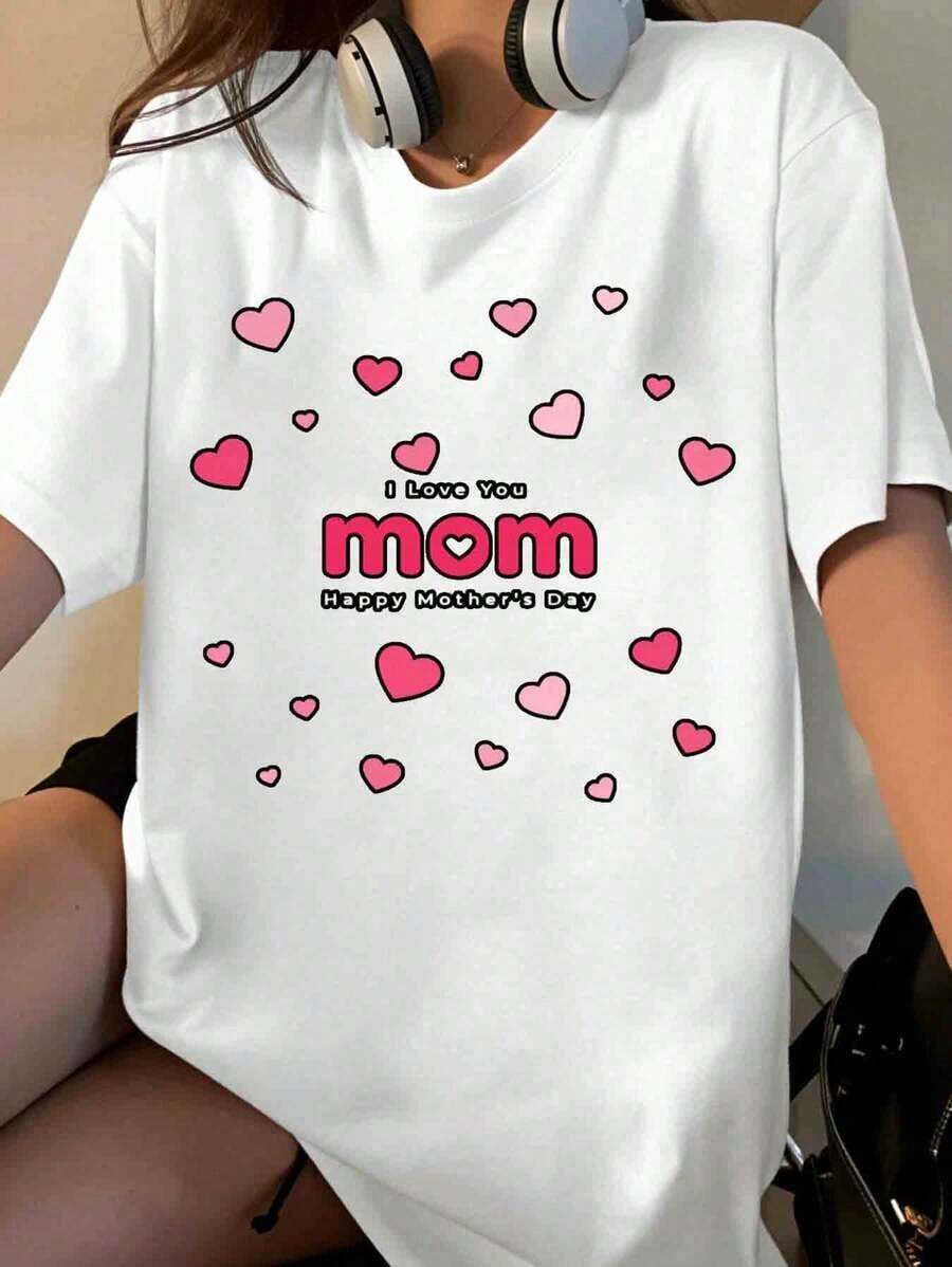 "I Love You Mom" T-Shirt With Pink Hearts Design For Mother's Day, For Women And Girls, Mother's Day Gift [Suitable For Casual And Sports Activities] - 白色 - 查看 1