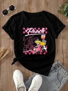 Women's Christmas T-Shirts, Campus Peach 92 Kart Princess 100% T-Shirts, Short Sleeve Crew Neck Soft And Comfortable Sweatshirt Gift For Christmas Parties, Valentine's Day, Ships From Local Warehouse - 黑色 - 查看 6