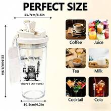 1pc/5pcs 500ml Plastic Water Bottle With Carrying Strap, Featuring A Funny Raccoon With Sword Print And The Humorous Quote "Okay, I'm Here… Where's The Work?". Leak-Proof With Flip-Top Lid, Suitable As A Gift For Coworkers, Friends, And Meme Lovers. Perfect For Carrying Iced Coffee, Water, Juice At The Office, School, Gym, And Daily Use. - Multicolor - Sword Raising - View 6