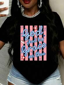 Camiseta de cuello redondo a la moda con rayas rosas y texto azul "God Shed His Grace On Thee", decorada con estrellas y diseño de cupcake. Adecuada para usar en primavera y verano. Regalo ideal para amigos, familiares u ocasiones religiosas. Perfecta para salidas informales y actividades ligeras. Uso diario. - Negro - Ver 6