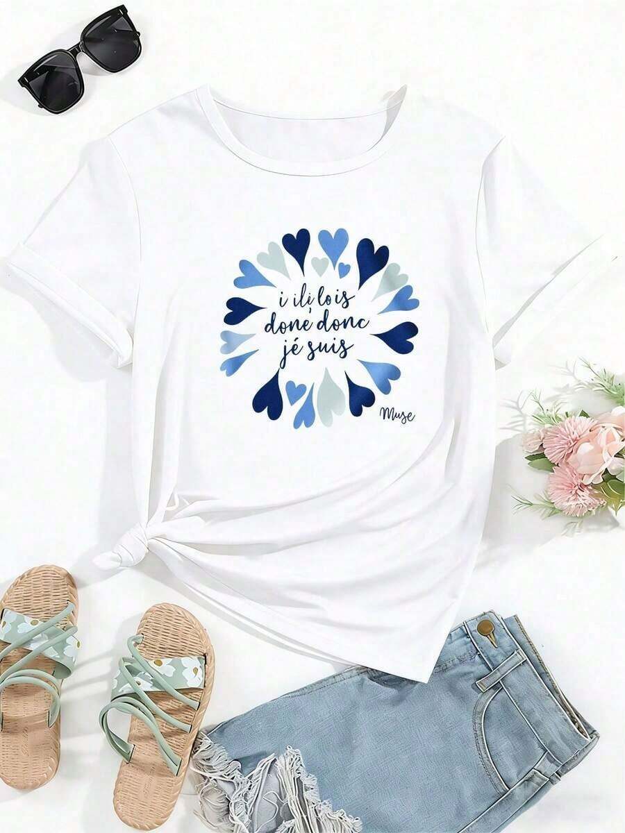 PremiumFashion Wo's Casual White T-Shirt With Blue Heart Pattern And French Text | Front Tie Design, Regular Fit, Round Neck, Short Sleeves, Creating A Summer Outfit. New Summer Wo's T-Shirt, Casual And Comfortable Crew Neck TopGift Idea - 白色 - 查看 1