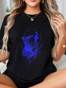 Women's Premium Graphic T-Shirt With Wolf Meowing At The Moon, Casual Loose Fit With Natural Design, Summer Clothing Option, Gift Idea - 黑色 - 查看 1