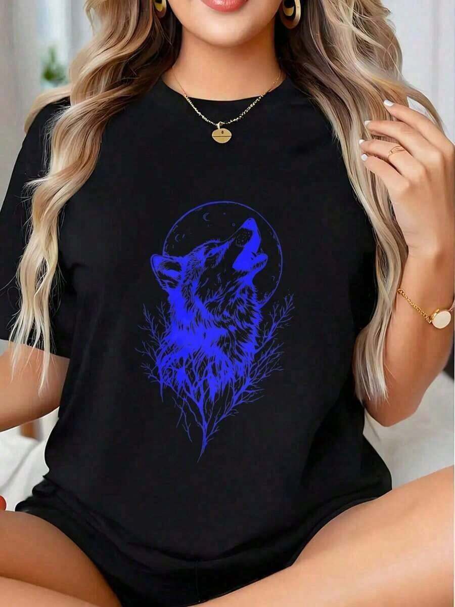 Women's Premium Graphic T-Shirt With Wolf Meowing At The Moon, Casual Loose Fit With Natural Design, Summer Clothing Option, Gift Idea - 黑色 - 查看 1