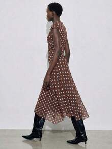 MAIJA Sleeveless V-Neck Ruffled Midi Dress With Bohemian Print - Brown - View 7