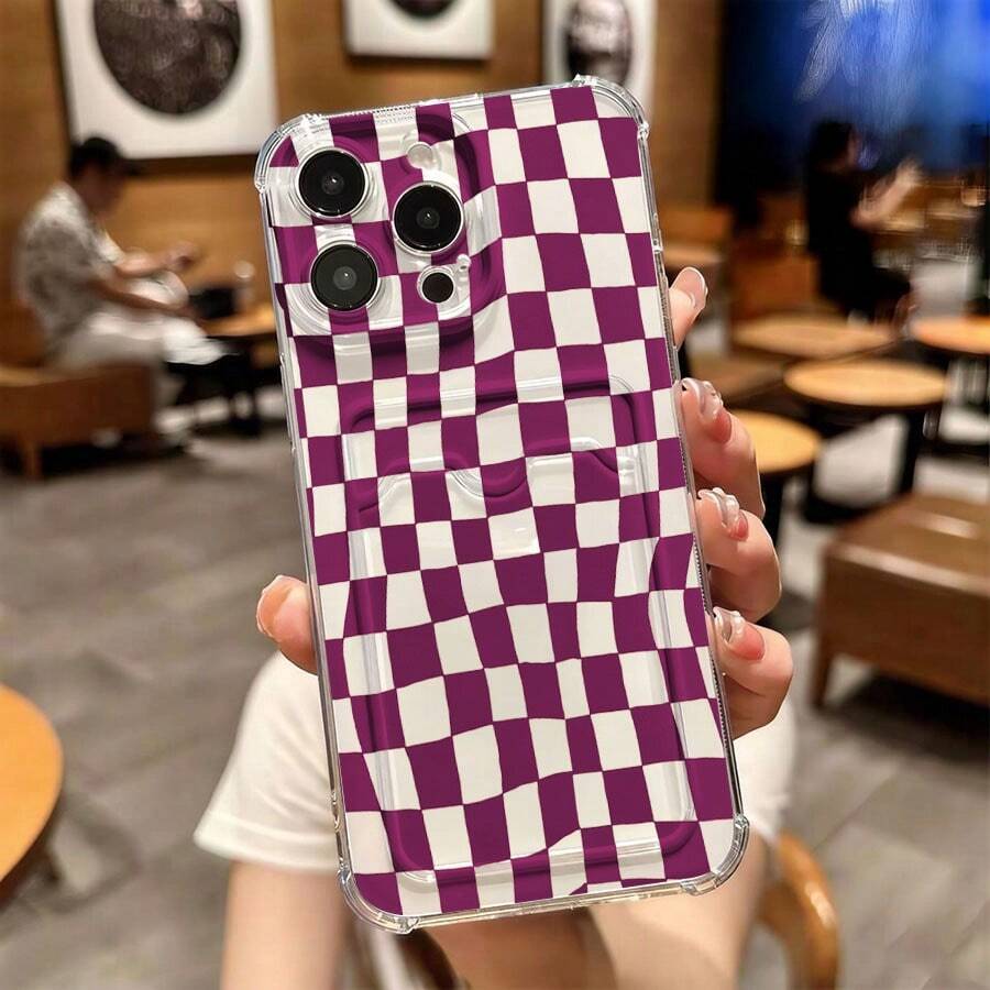1 unidad cuadros ondulados púrpura y blanco Funda para iPhone 17 PRO, protección anticaída con airbag reforzado en las cuatro esquinas, tarjetero invisible integrado en la parte trasera, compatible para tarjeta personal, carnet de conducir, tarjeta de acceso y tarjeta de transporte, funda protectora antigolpes portátil con ranura para tarjetas, diseño sencillo y elegante, ideal para uso diario, desplazamientos y viajes - transparente - Ver 1