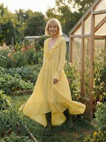 Vestido largo cuello V con volantes y manga acampanada, estilo vacacional primavera verano 2026 - Amarillo - Ver 4