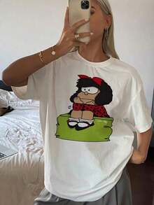 2026 New Cotton-Shirt: Thoughtful Girl With Red Bow And Polka Dot Dress Sitting On A Green Cushion Conveys Tenderness, Curiosity And A Touch Of Humor. Women's T-Shirt - 白色的 - 查看 7