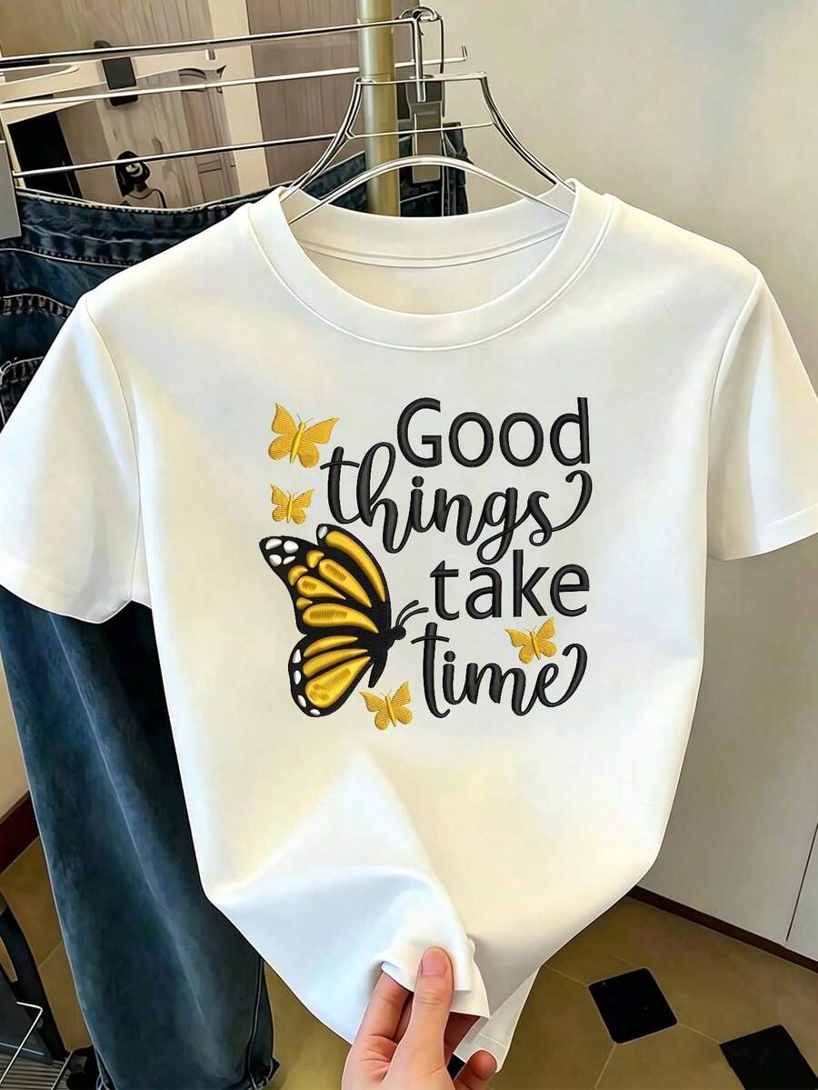 Women's White T-Shirt With Yellow Butterfly Print And Motivational Phrase, Casual Short Sleeve Round Neck T-Shirt, Loose Blouse With Lettering For Summer, Daily And Casual Outfit - 白色 - 查看 1