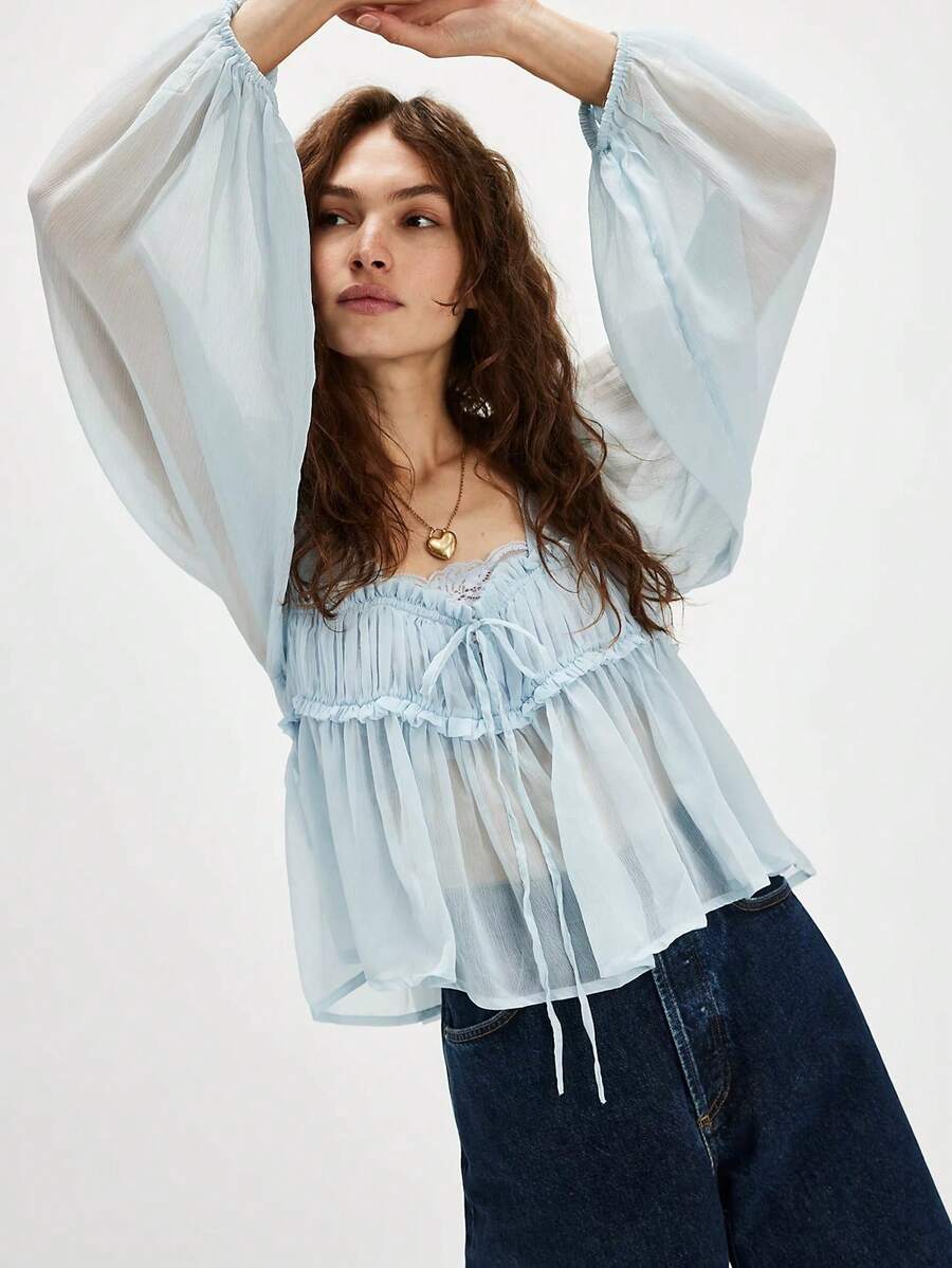 Women T-shirt, Long Sleeve Low-cut Pleated Tie-up See-through Solid Loose Sheer Tops Clubwear - Azul - Ver 1